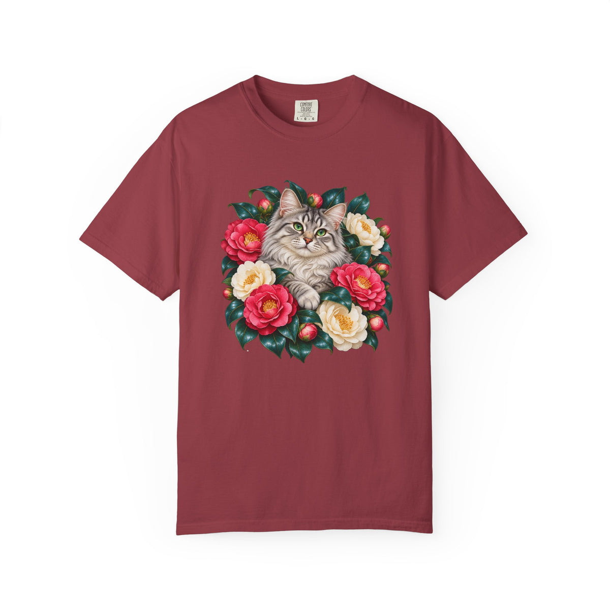 The silver tabby and camellia wreath illustration, front-centered chest print on a garment-dyed Comfort Colors 1717 tee