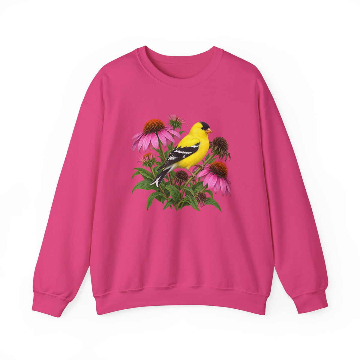 A Small Bright Thing crewneck sweatshirt, a golden-yellow American goldfinch among pink coneflowers, seed heads and green leaves, image 3 of 22