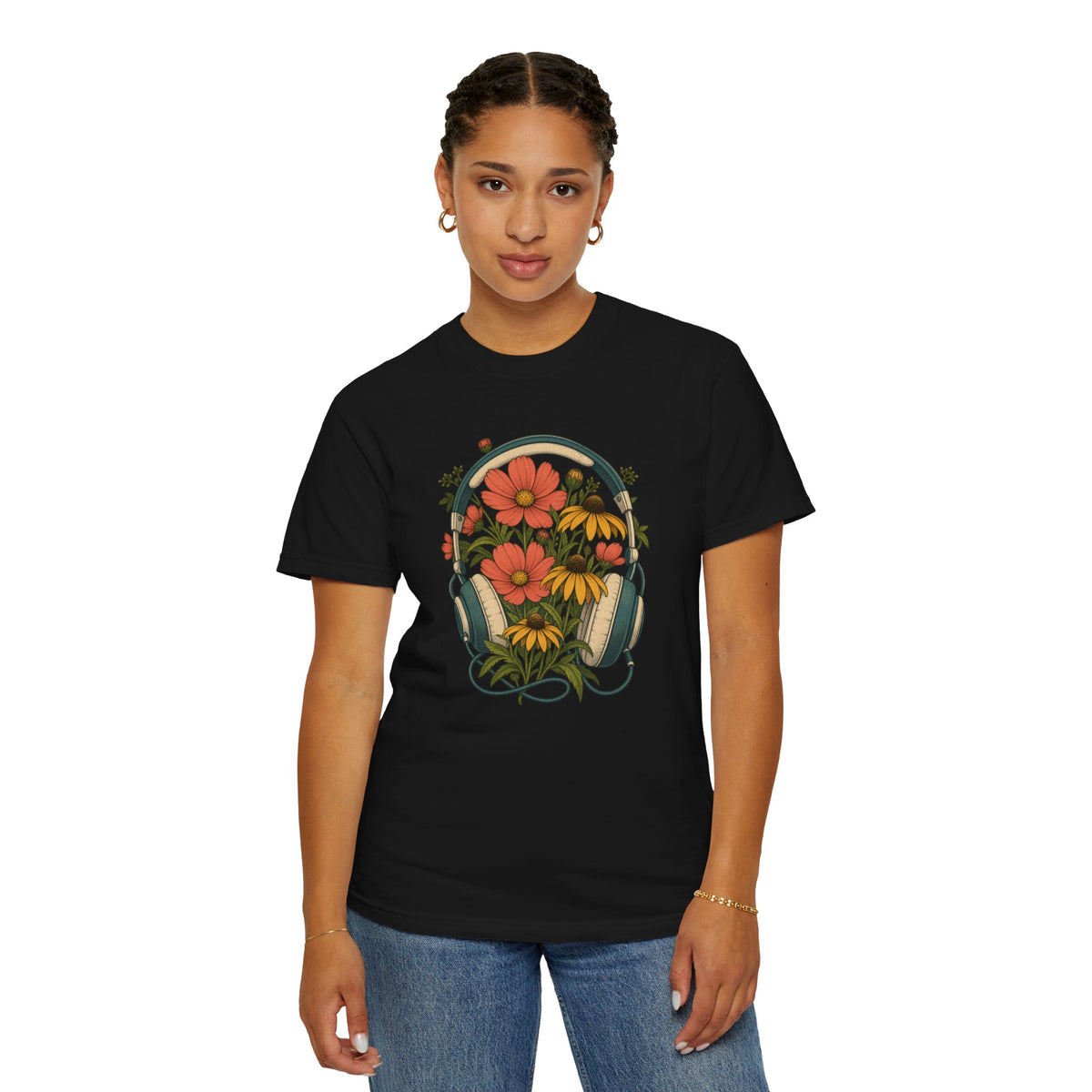On Her Own Frequency — Floral Headphones T-Shirt, garment-dyed Comfort Colors cotton