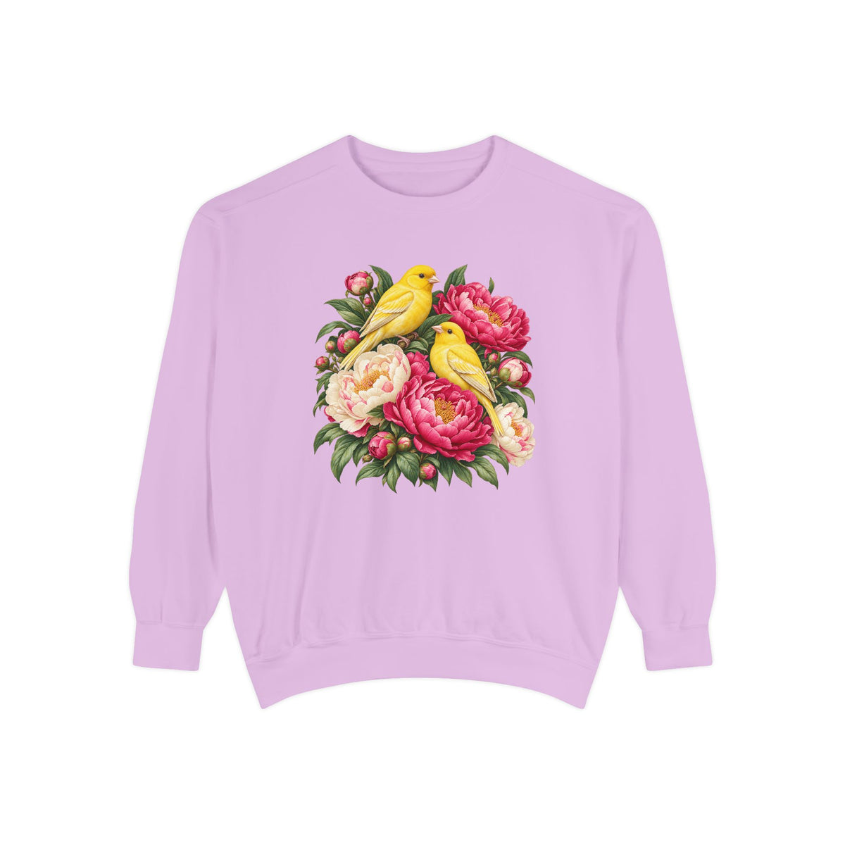 Yellow Songbirds and Pink Peony Sweatshirt - the pair of songbirds set within the peony arrangement, one slightly above and behind the other