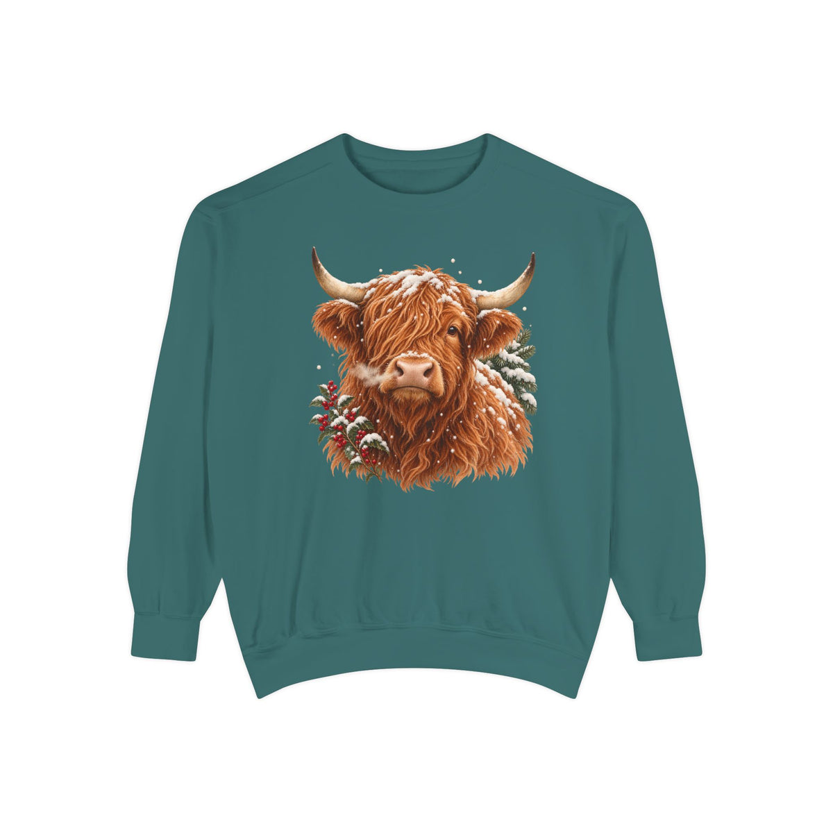 Highland cow sweatshirt in Blue Spruce – a shaggy ginger Highland cow with snow on its fringe, a snowy pine bough and red berries, painted vintage-poster style, printed large on the chest of a Comfort Colors crewneck