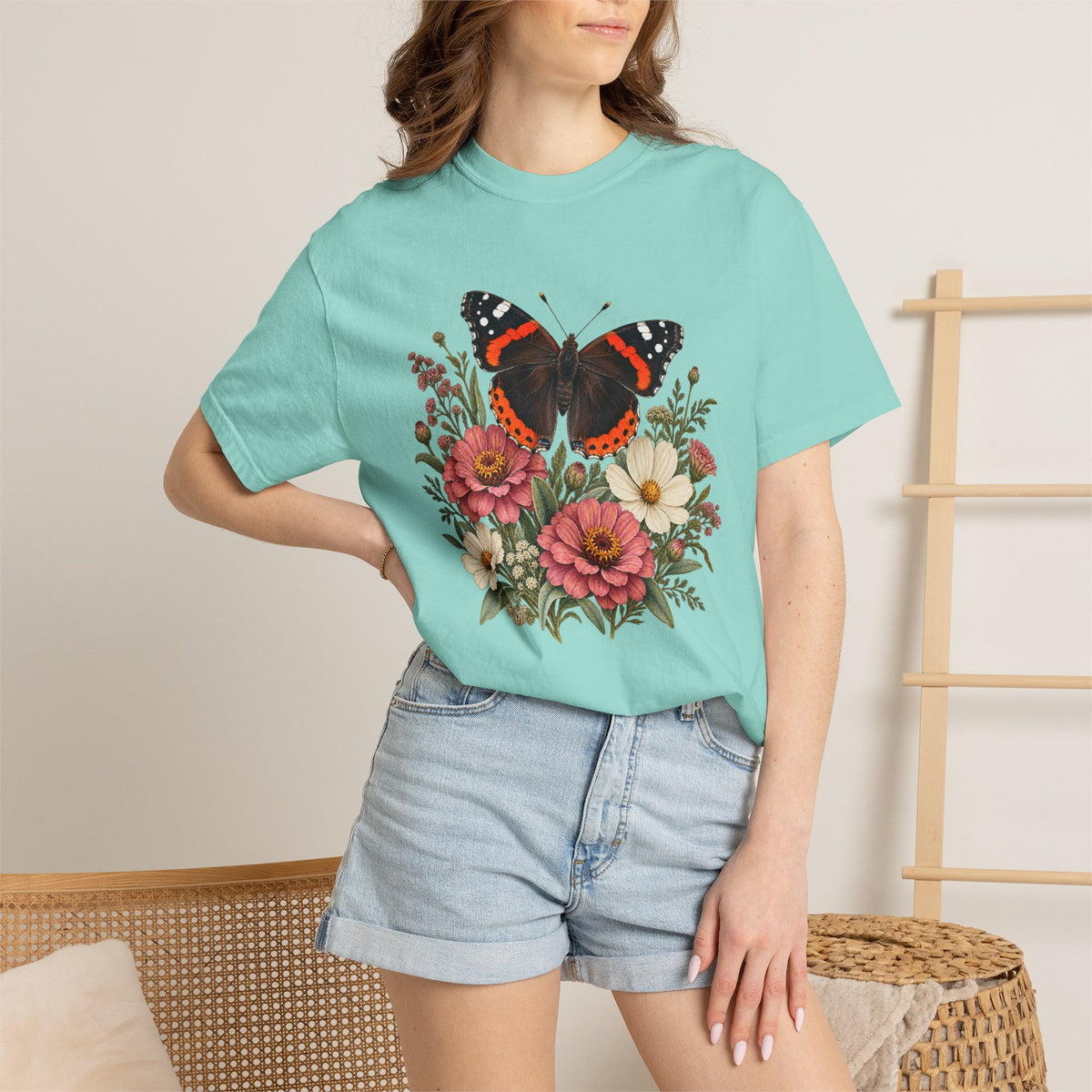 Red Admiral & Zinnia T-Shirt — Garment-Dyed Cotton