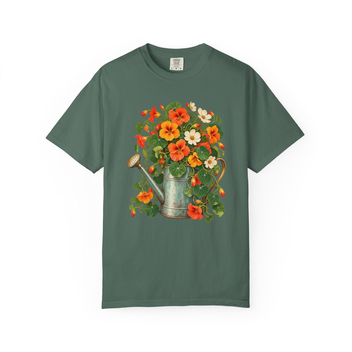 Nasturtium Garden T-Shirt - orange, scarlet, gold and cream nasturtiums spilling from a weathered metal watering can with round lily-pad leaves, on a garment-dyed Comfort Colors tee