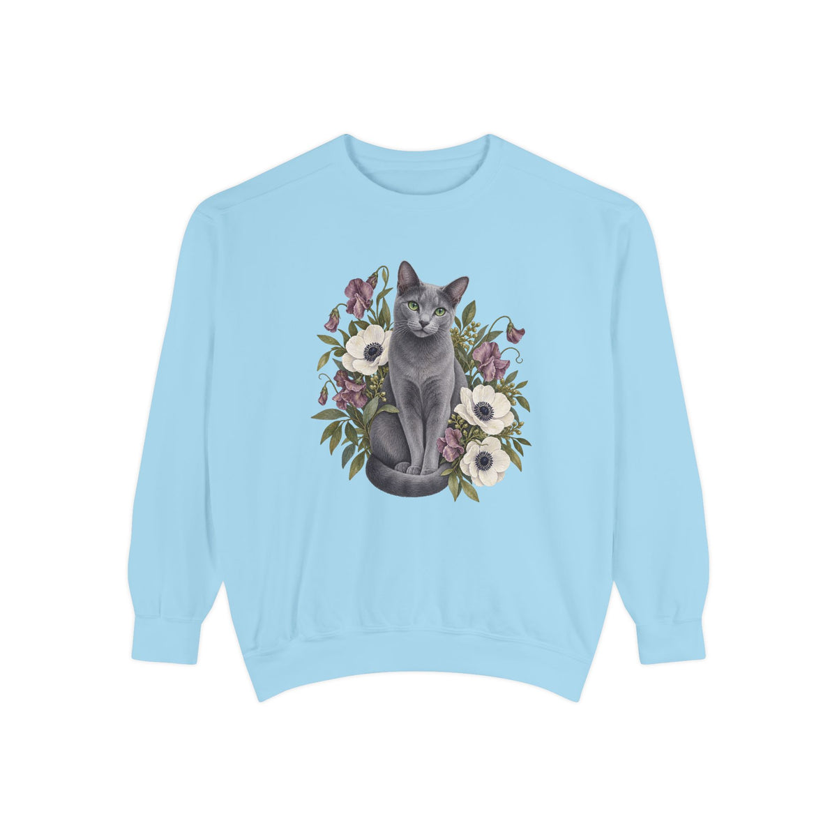 Russian Blue cat wildflower sweatshirt in Chambray, a washed blue garment-dyed Comfort Colors 1566 crewneck