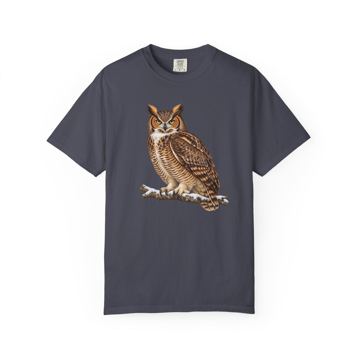 Great horned owl t-shirt in Navy – front view of the watercolor owl on a snowy branch on a deep navy Comfort Colors 1717 tee
