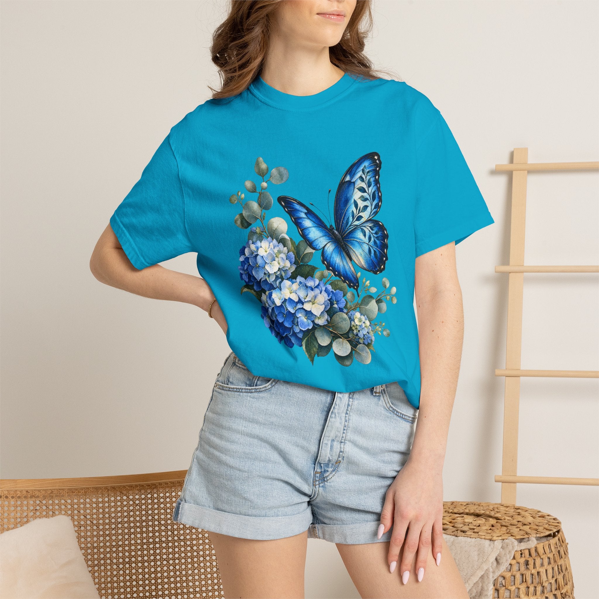 Blue Morpho & Hydrangea T-Shirt — Garment-Dyed Cotton