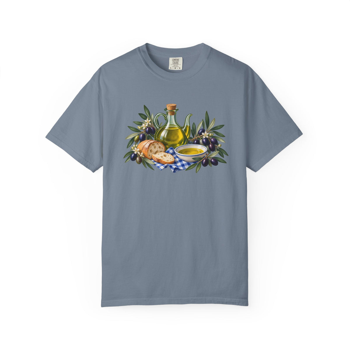Pass the Bread tee in Blue Jean, olive oil, bread and olives on deep blue