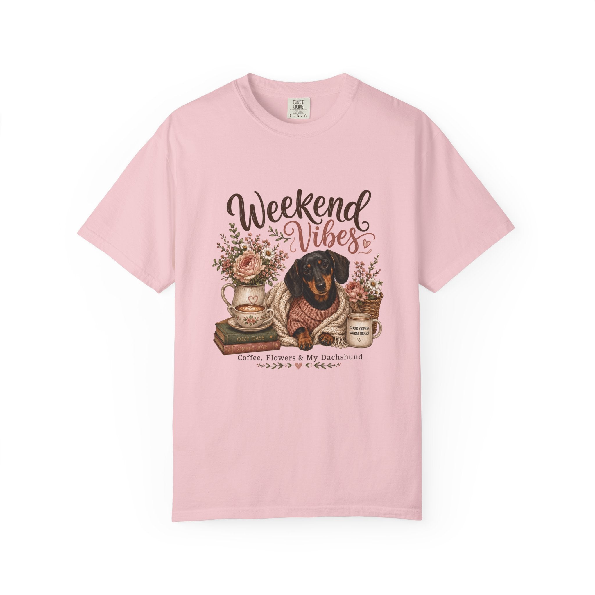 Weekend Vibes Dachshund Comfort Colors Shirt, Coffee Flowers Doxie Tee, Dachshund Mom Gift, Cozy Dog Shirt, Dog Lover Gift Her