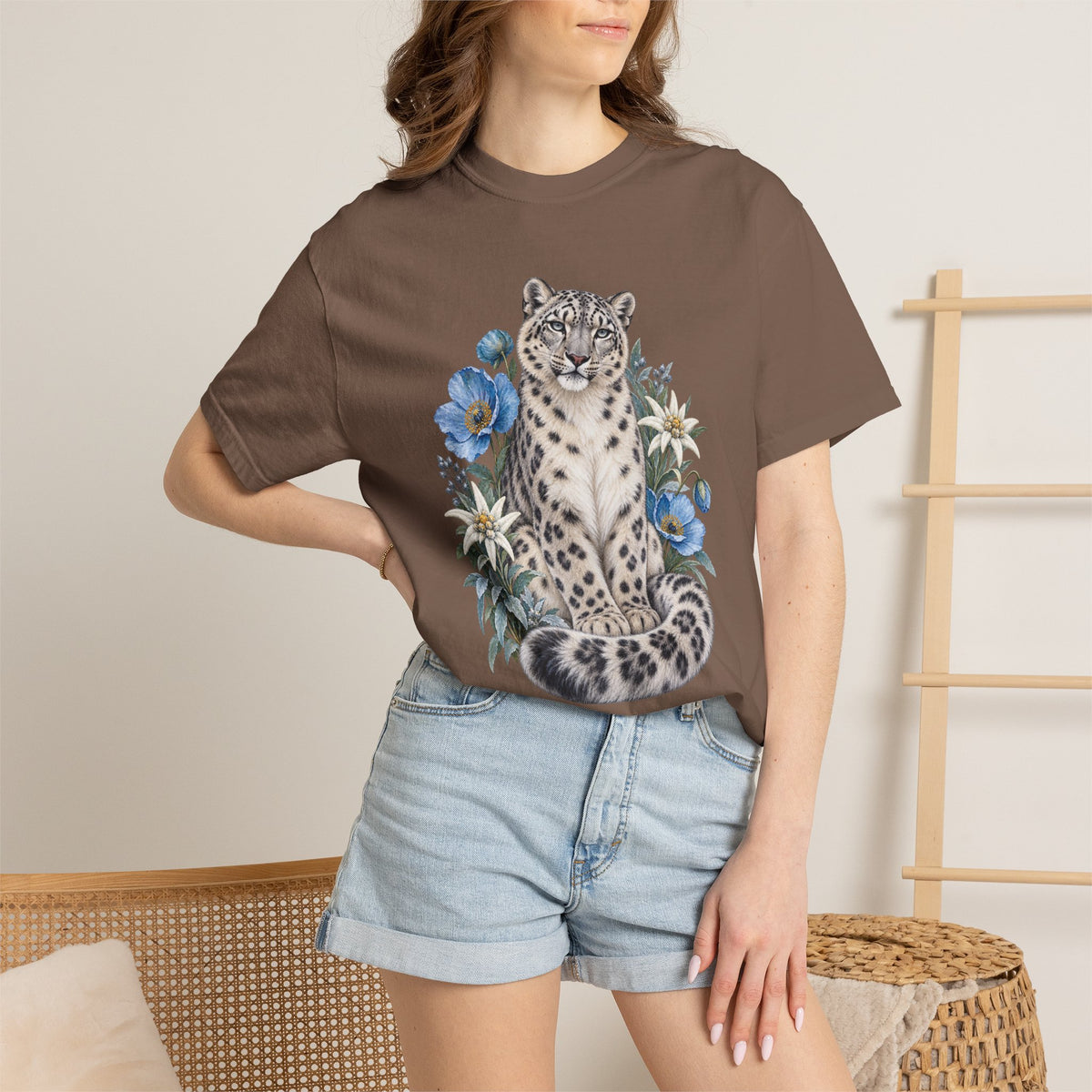 Snow Leopard & Blue Poppy T-Shirt — worn view of the botanical wildlife design