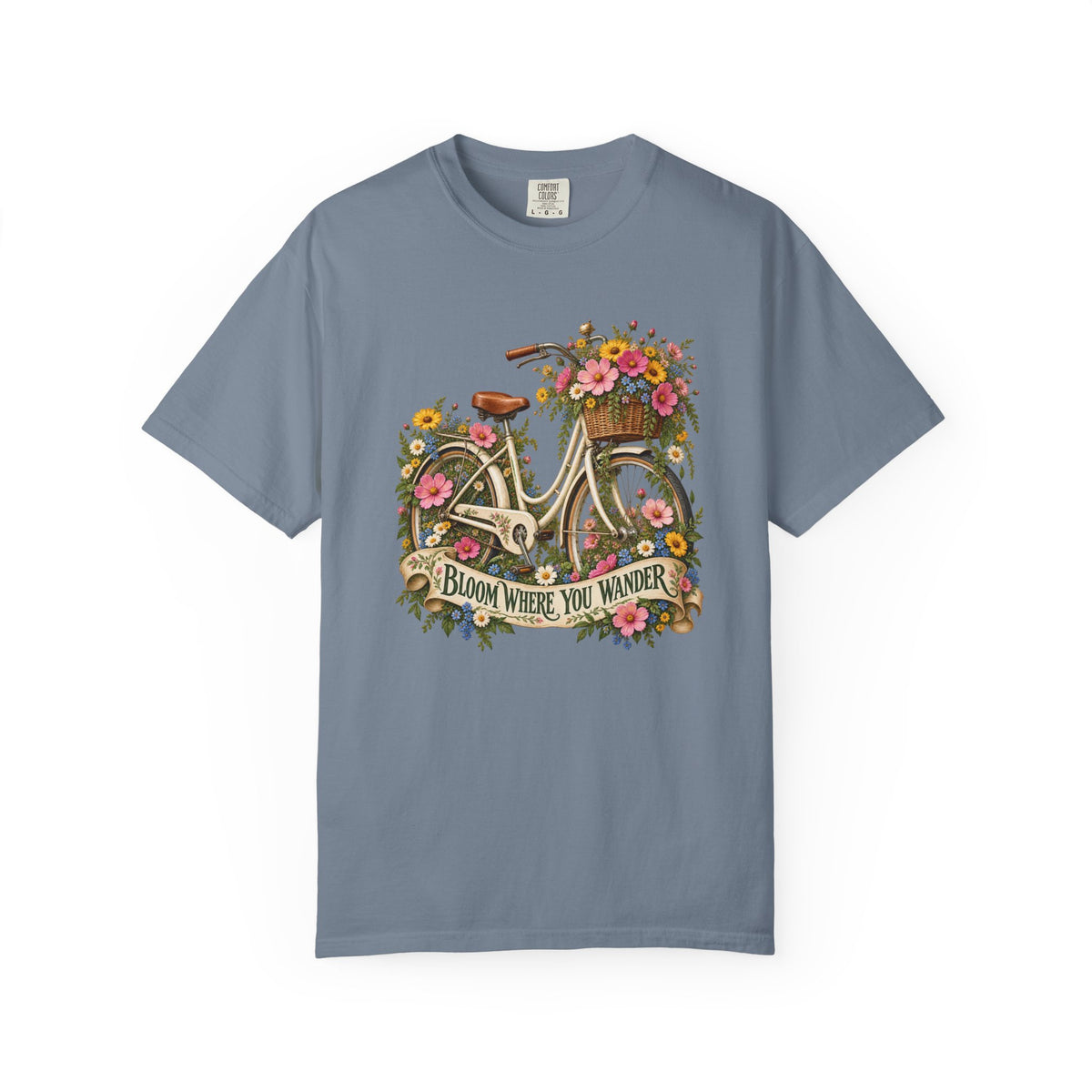 Bloom Where You Wander Floral Bicycle T-Shirt - fine linework and layered colour in the vintage bicycle and wildflower illustration