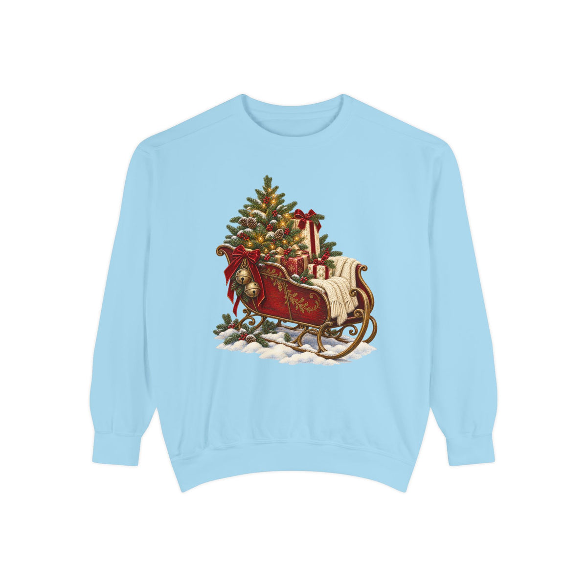 Vintage Christmas sleigh sweatshirt in Chambray, front view