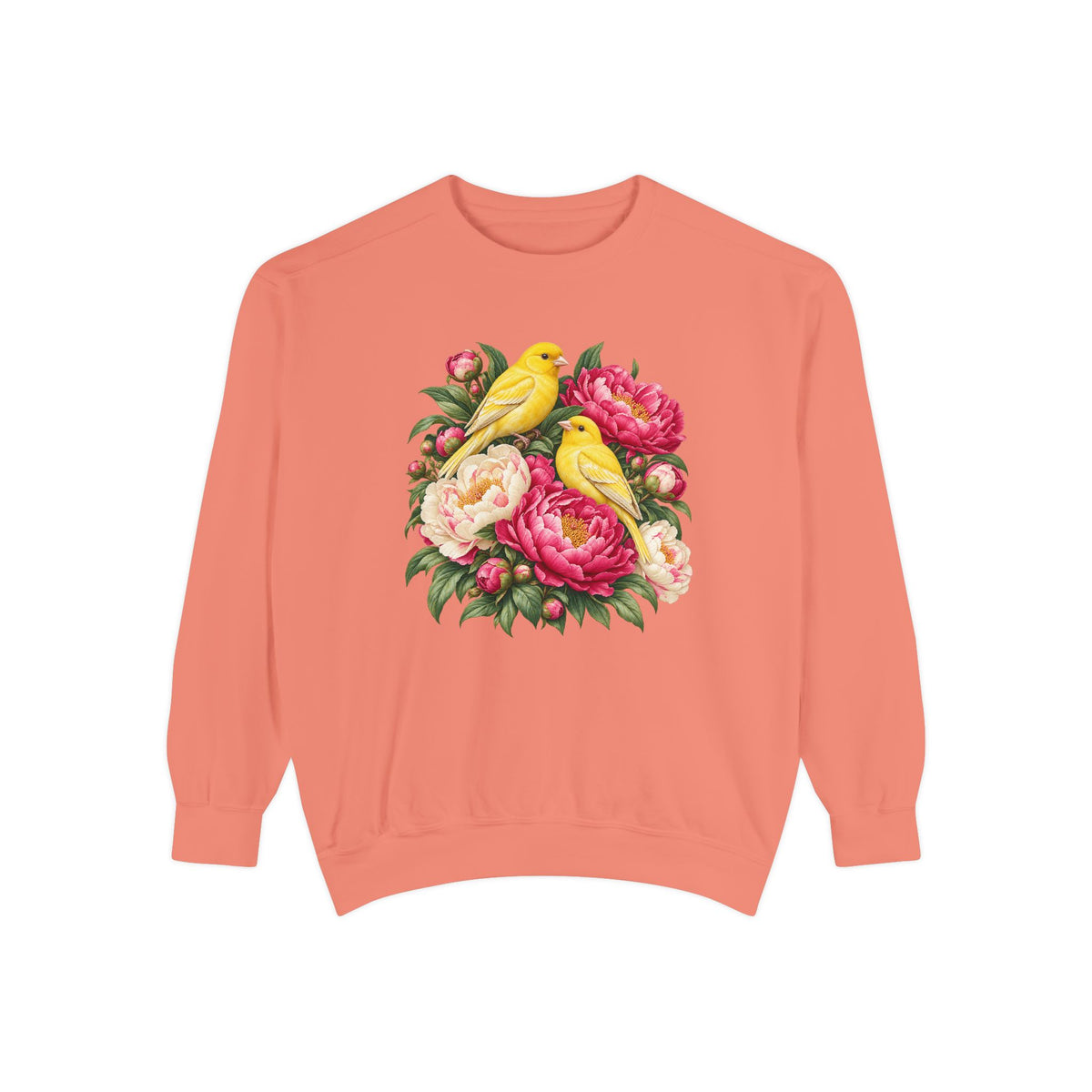 Yellow Songbirds and Pink Peony Sweatshirt - full pink peonies and soft cream blossoms at the centre of the front-centred print
