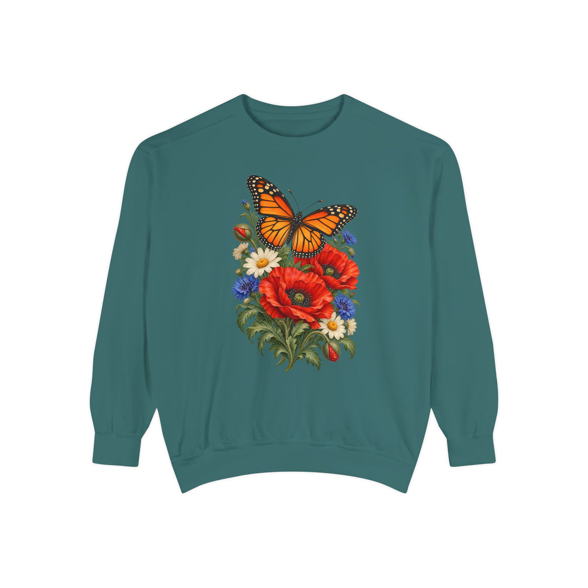 A plain round-neck crewneck pullover with no hood and no front pocket, carrying the botanical poppy and butterfly print