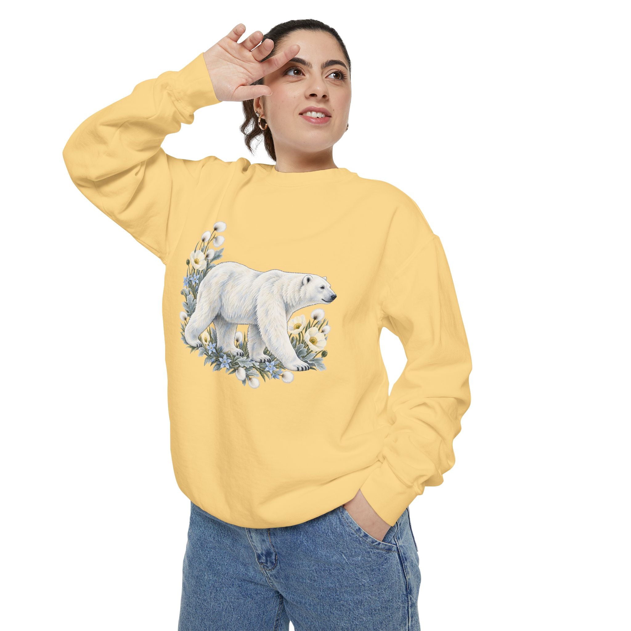 Polar Bear & Arctic Blooms Sweatshirt — Garment-Dyed Fleece