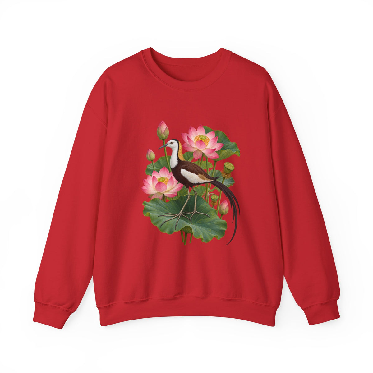 Lightly, She Goes crewneck sweatshirt, a long-tailed waterbird among pink lotus blossoms, buds, seed pods and broad green leaves, image 7 of 28
