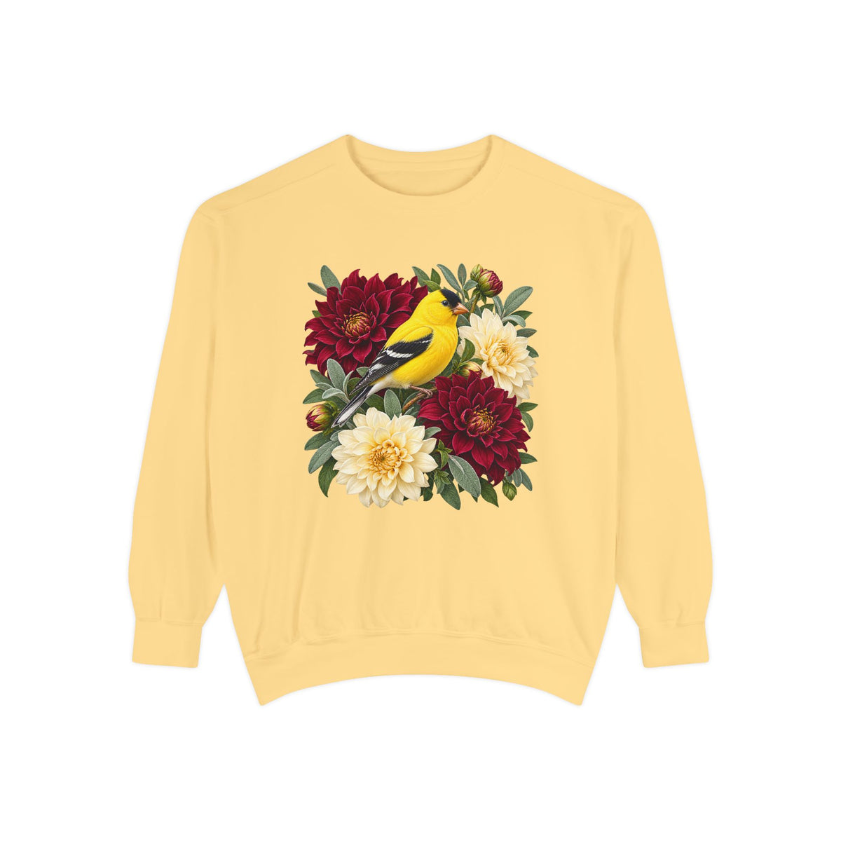 Deep burgundy and cream dahlias banked behind the goldfinch, with dark green foliage and small red berries between the blooms