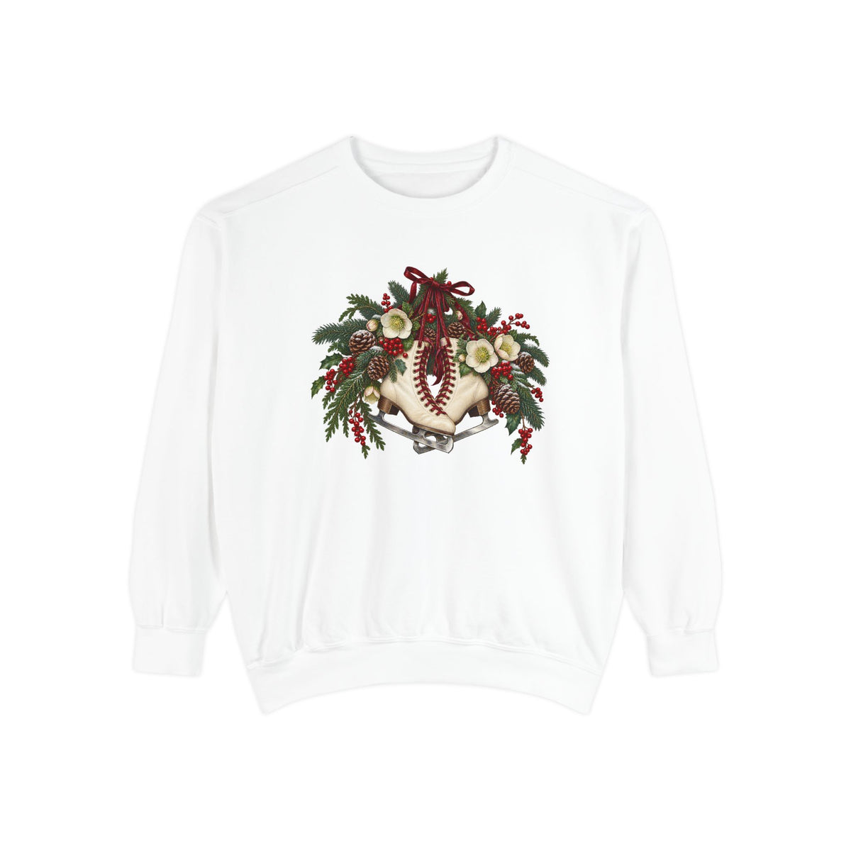 Vintage ice skates Christmas sweatshirt in White, a garment-dyed Comfort Colors 1566 crewneck with cream skates, holly, pinecones and hellebores