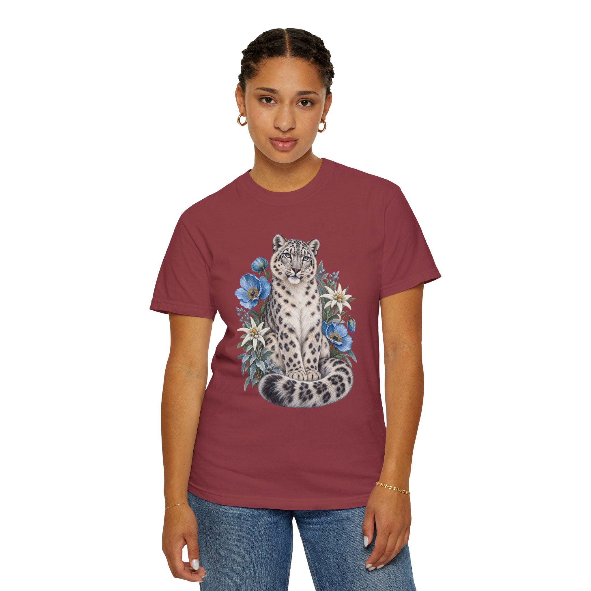 Snow Leopard & Blue Poppy T-Shirt — snow leopard among poppies, detail