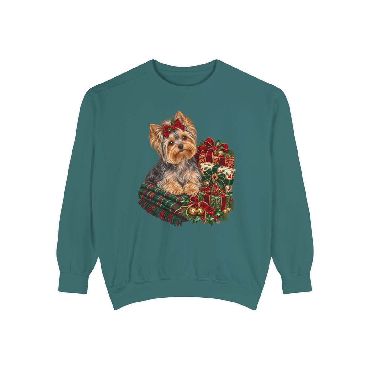 Yorkie Christmas sweatshirt in Blue Spruce, front view