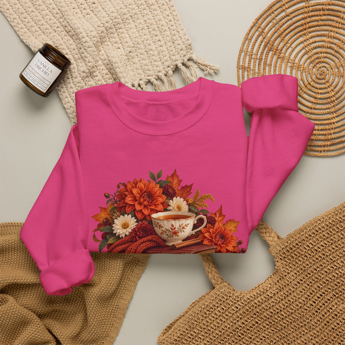 Just One More Chapter crewneck sweatshirt, a floral teacup resting on a stack of vintage books with pears, autumn flowers and a rust-colored scarf, image 14 of 14