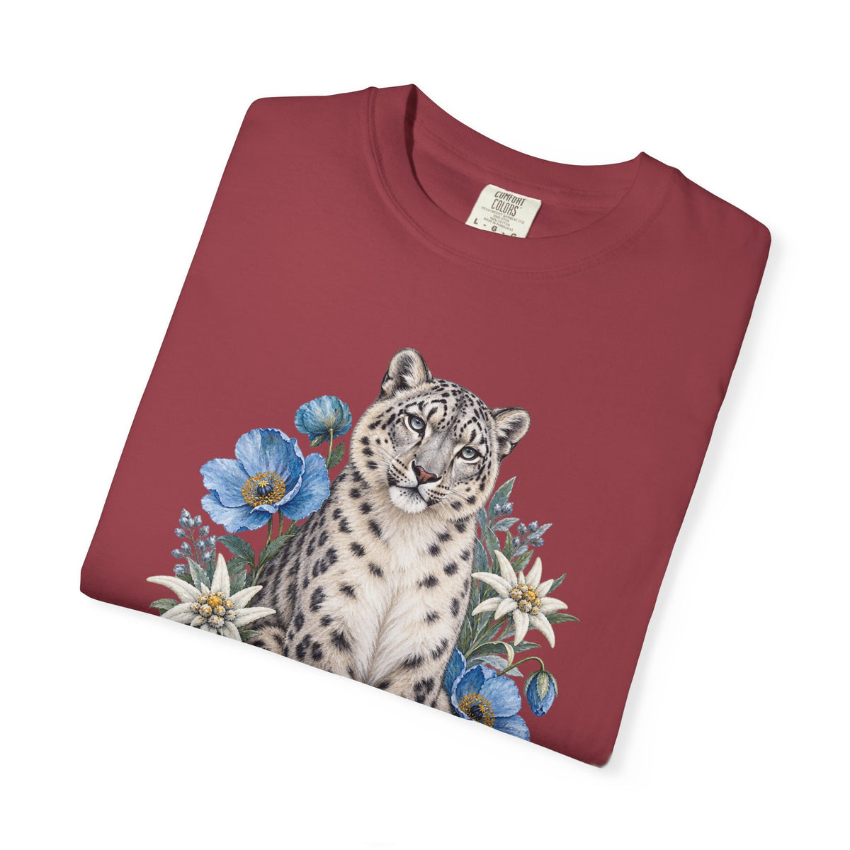 Snow Leopard & Blue Poppy T-Shirt — relaxed everyday fit
