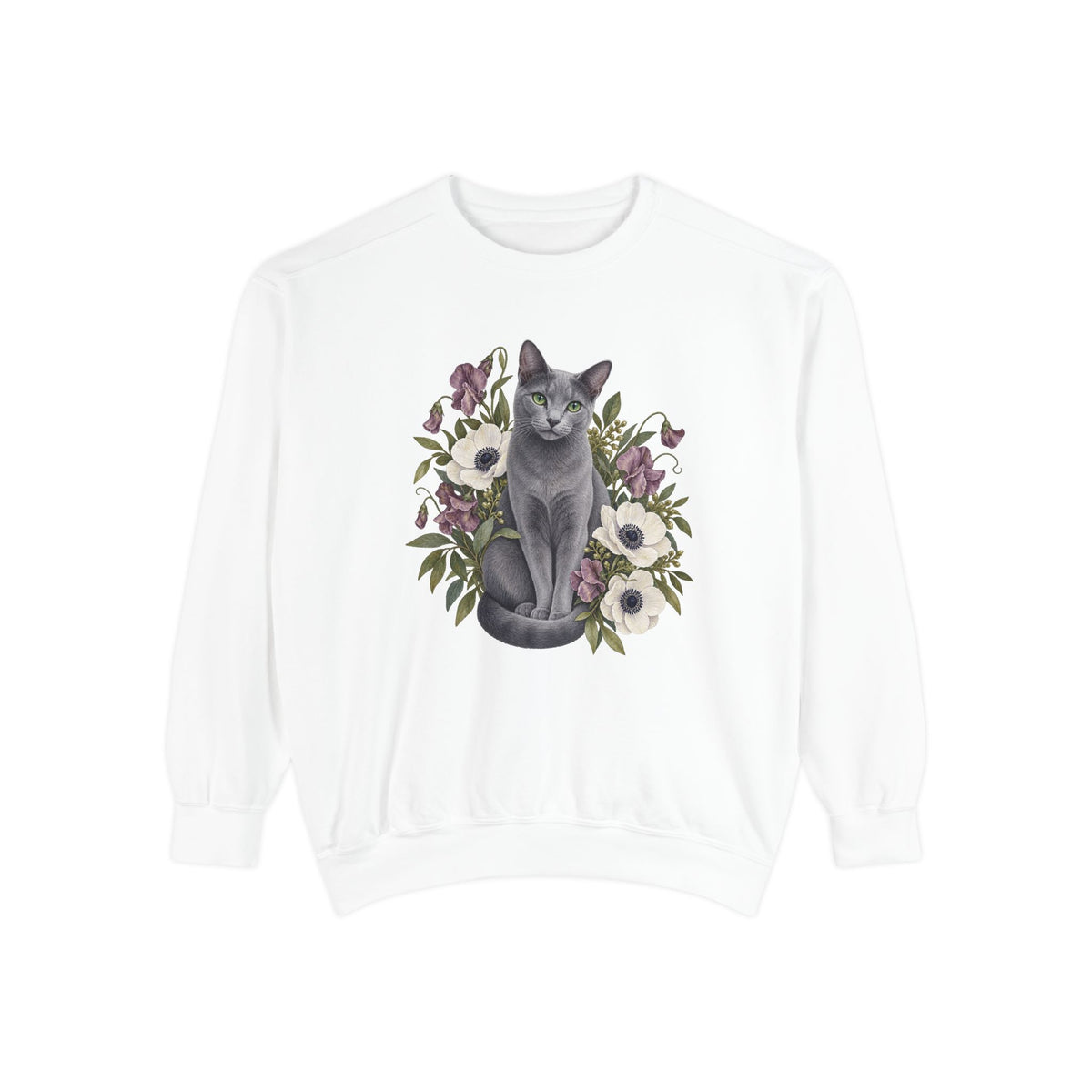 Russian Blue cat wildflower sweatshirt in White, a garment-dyed Comfort Colors 1566 crewneck
