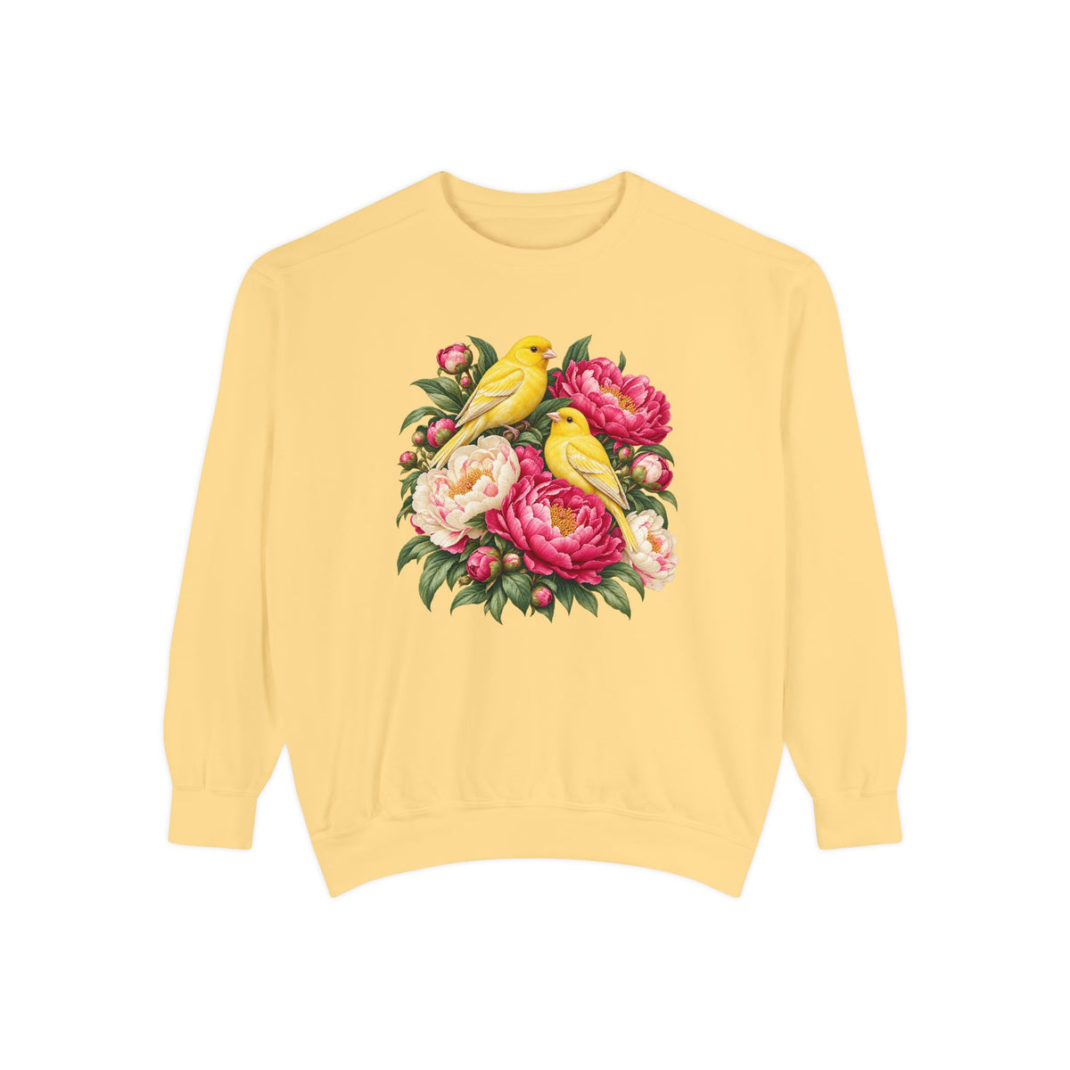 Yellow Songbirds and Pink Peony Sweatshirt - rounded unopened buds and glossy green leaves filling out the edges of the arrangement