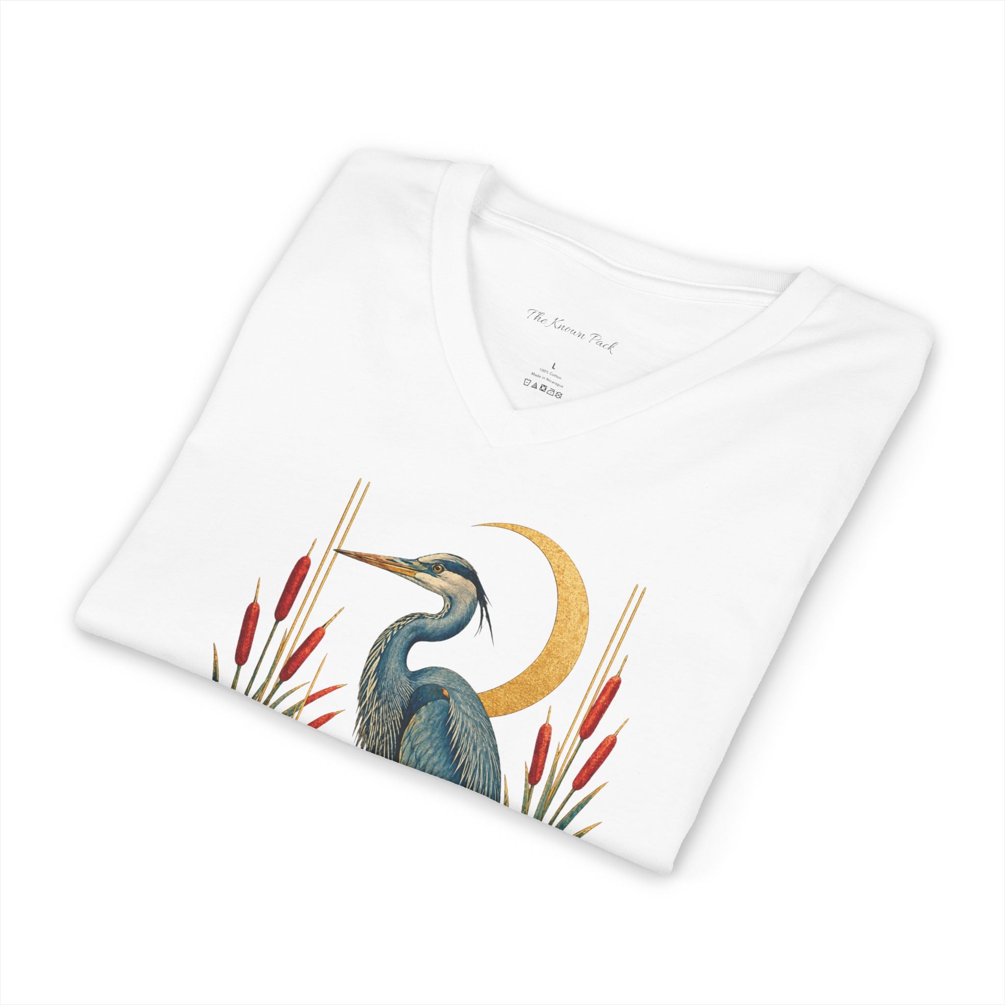 Art Deco Heron & Cattails V-Neck T-Shirt
