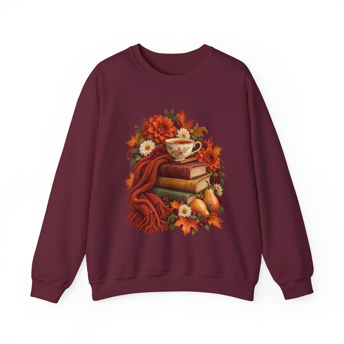 Just One More Chapter crewneck sweatshirt, a floral teacup resting on a stack of vintage books with pears, autumn flowers and a rust-colored scarf, image 2 of 14