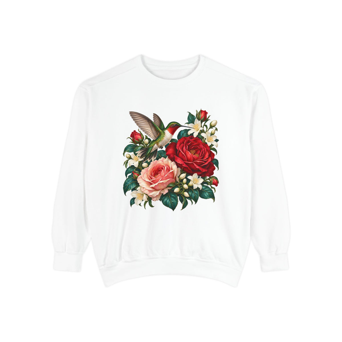 Ruby-Throated Hummingbird and Roses Sweatshirt — a male ruby-throated hummingbird hovering with wings raised beside a deep red rose and a blush pink rose, with white jasmine and glossy dark green leaves, printed large and centered on a garment-dyed Comfort Colors crewneck