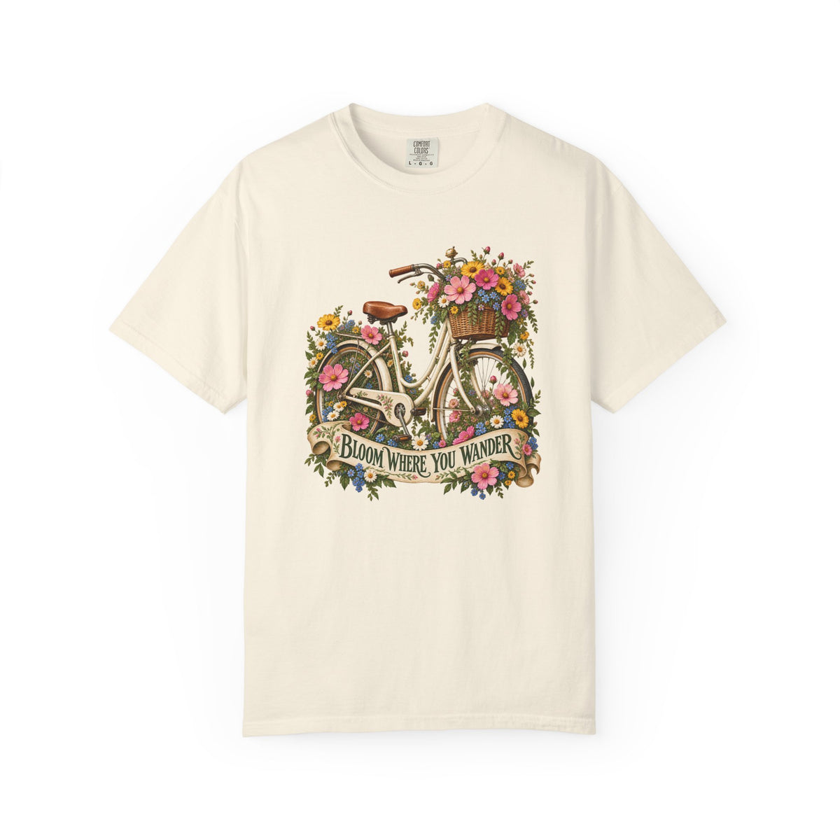 Bloom Where You Wander Floral Bicycle T-Shirt - a cream step-through bicycle seen side on, with a brown leather saddle and grips