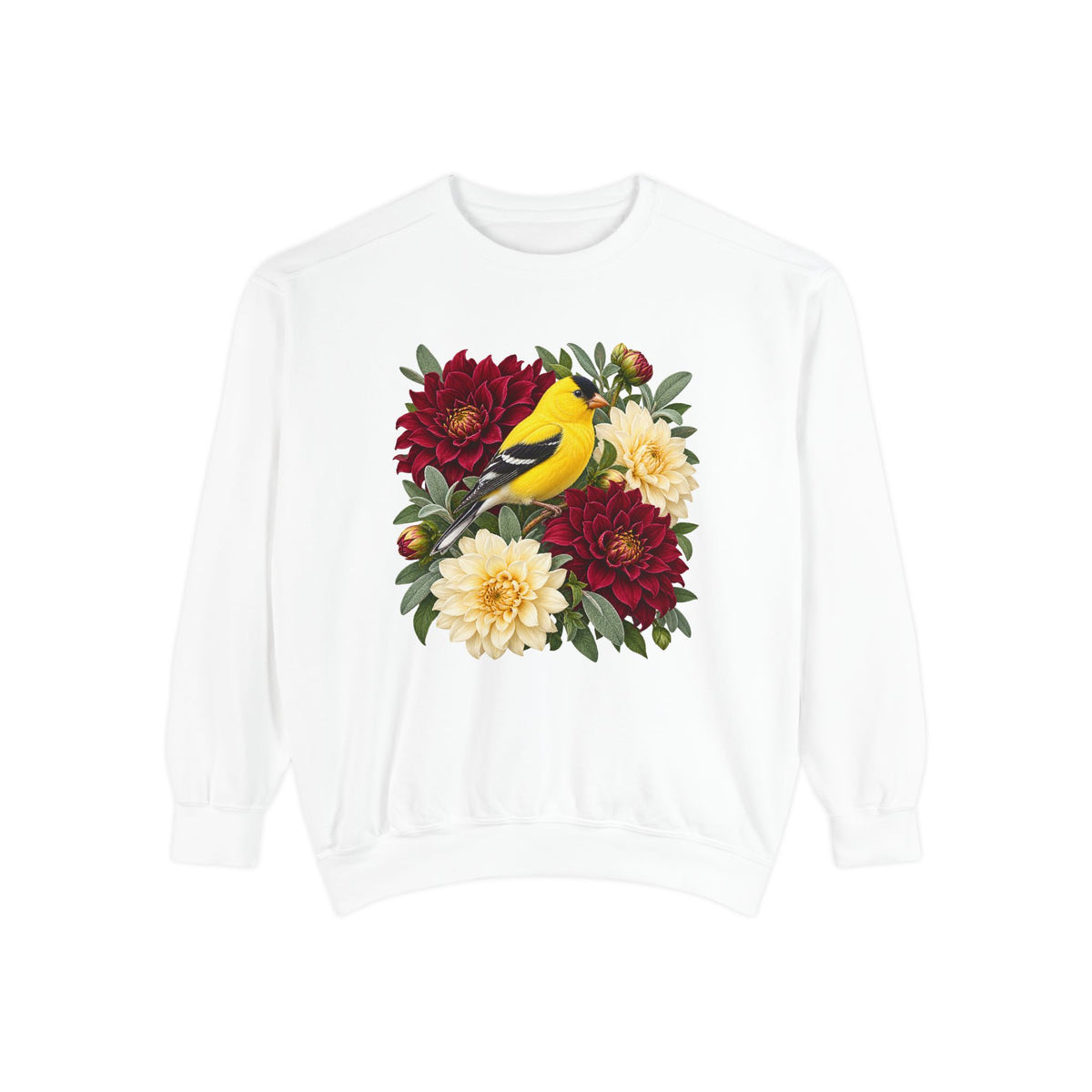Goldfinch and Dahlias Sweatshirt — a male American goldfinch in bright breeding yellow with a black cap and black wings, perched among deep burgundy and cream dahlias, printed large and centered on a garment-dyed Comfort Colors crewneck