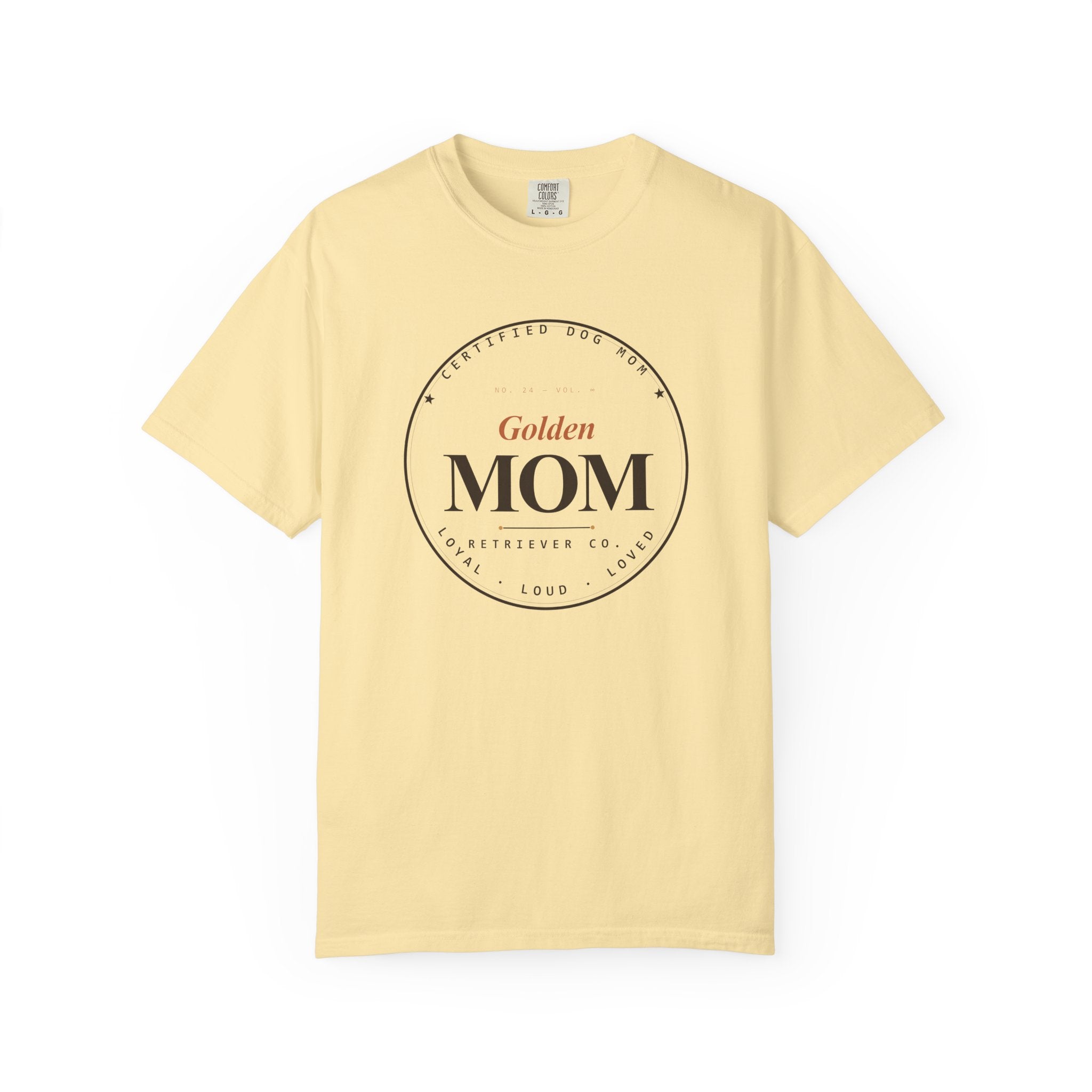 Certified Dog Mom badge shirt on model
