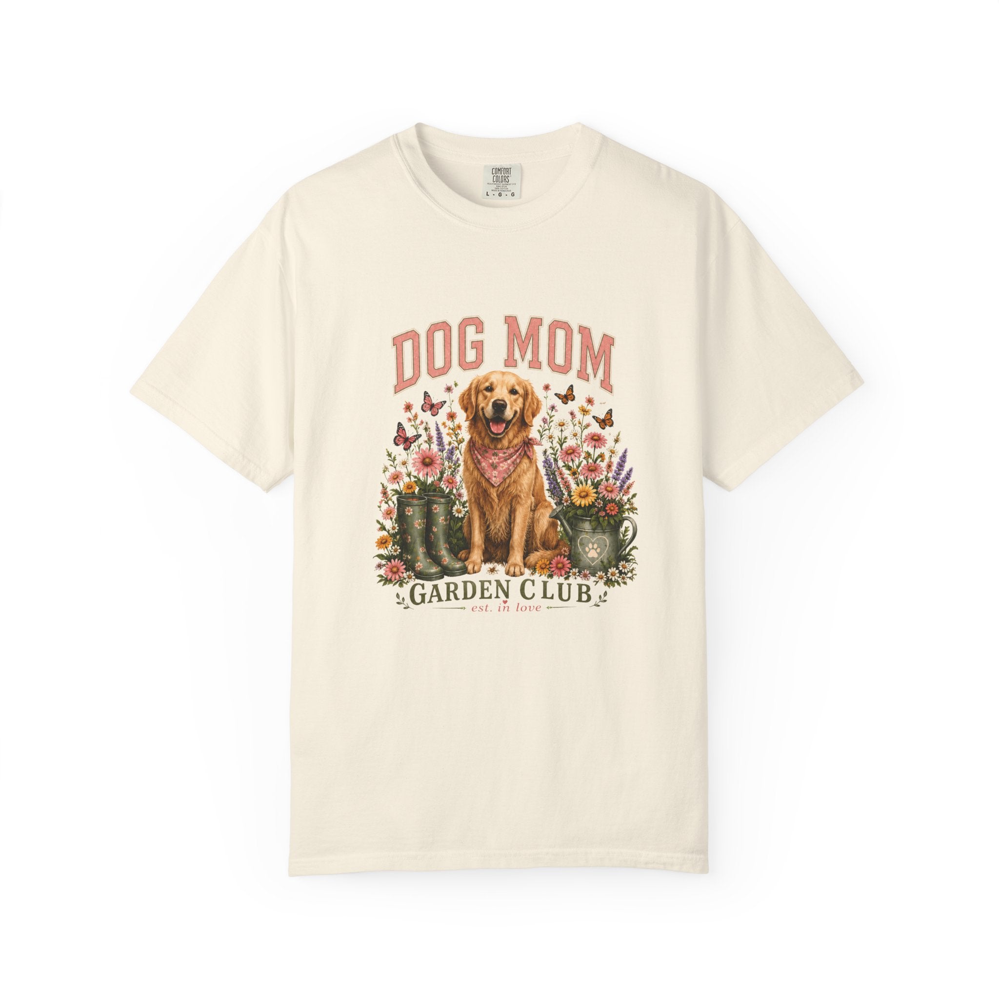 Dog Mom Garden Club Golden in garden tee on model