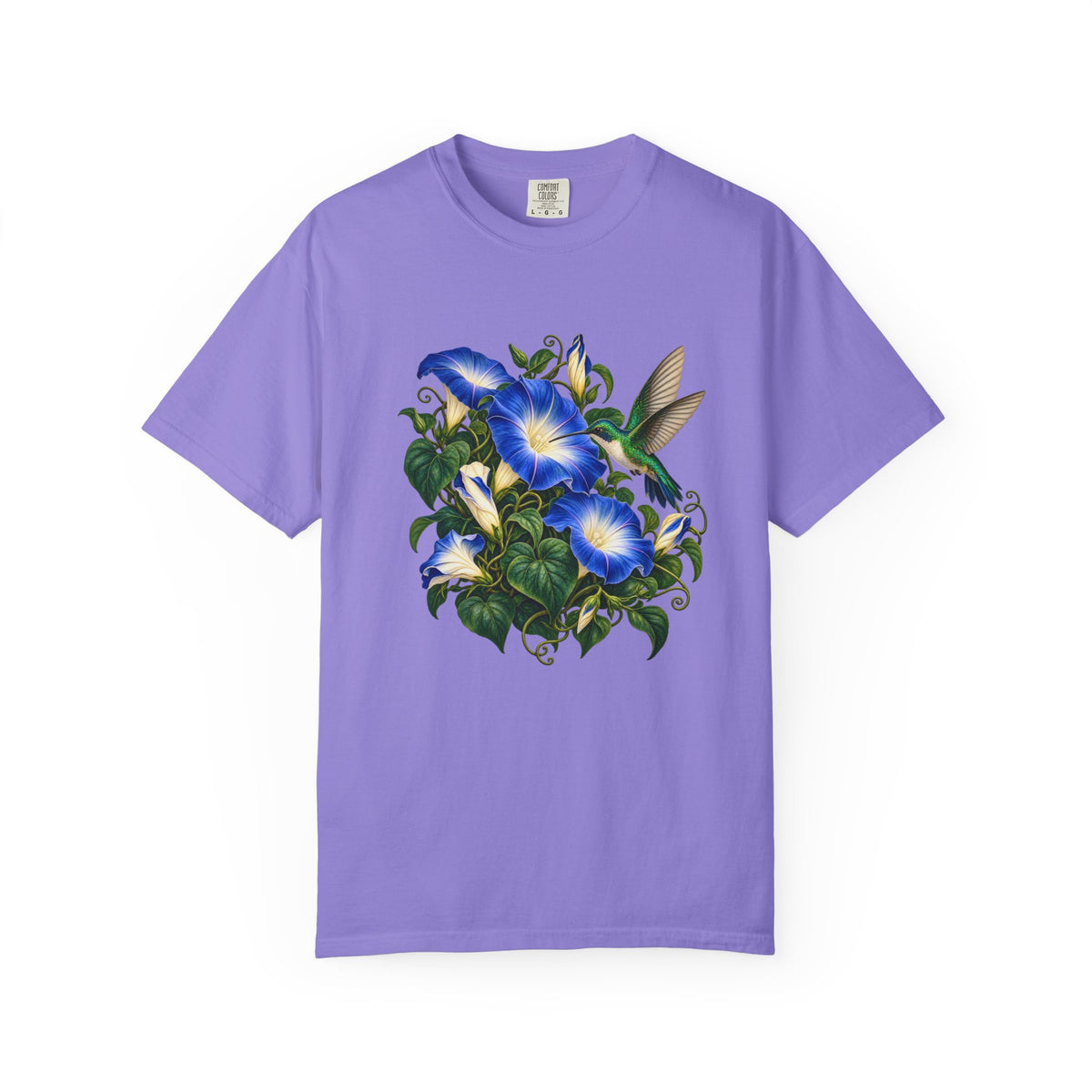 The morning glory and hummingbird print shown large and centered on the chest of the garment-dyed tee, not a back print