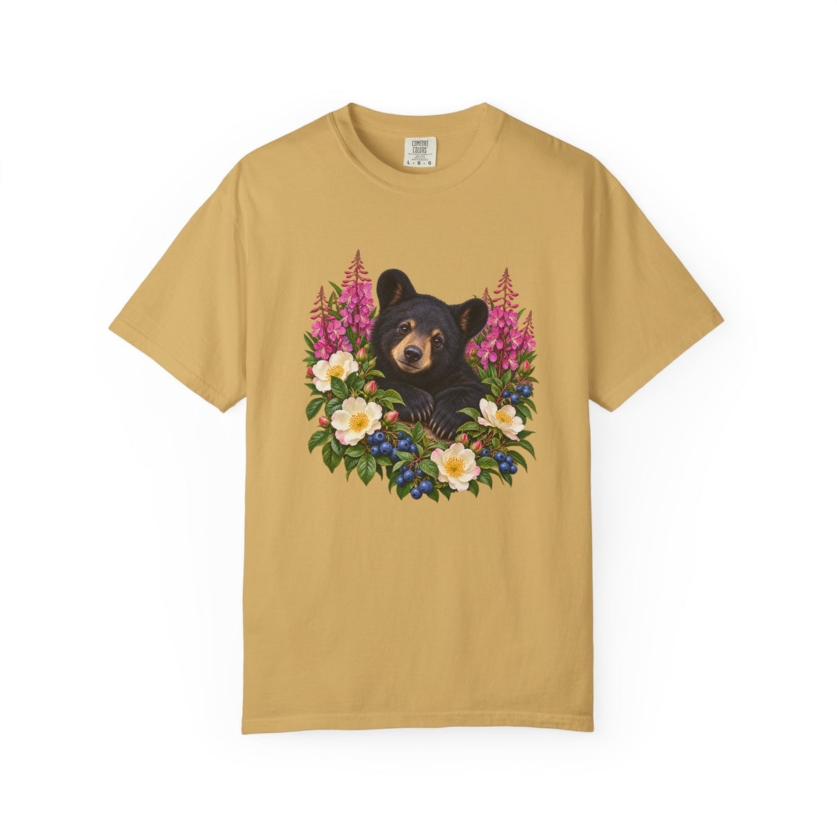 Fireweed and black bear graphic tee - a printed graphic, not embroidery, on garment-dyed heavyweight cotton
