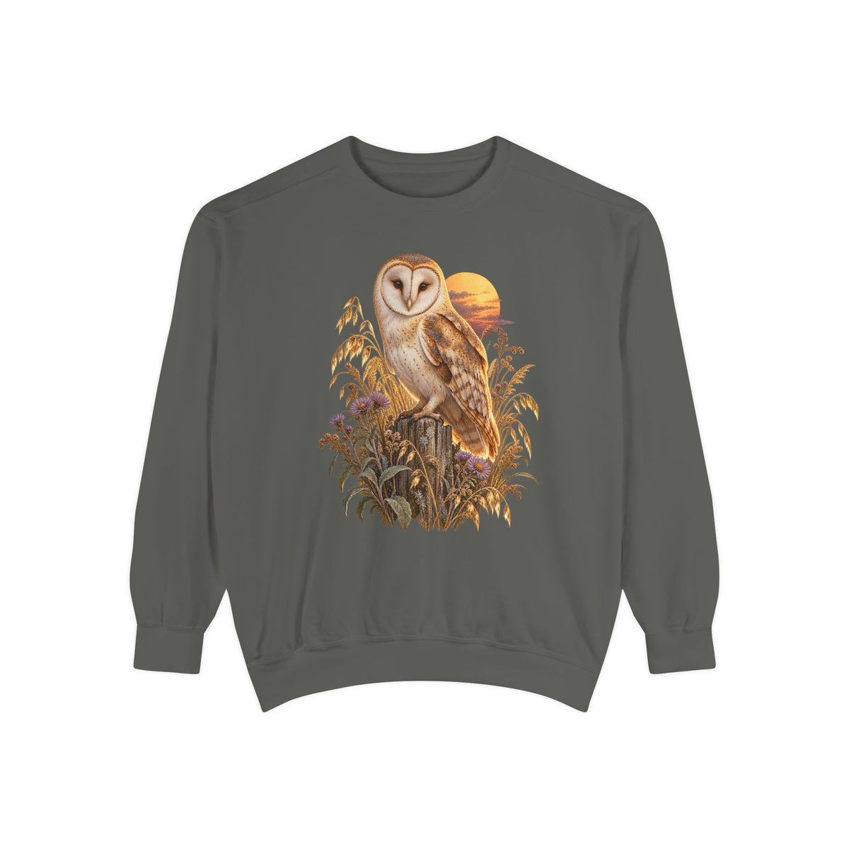 Barn owl at dusk sweatshirt in Pepper, front view