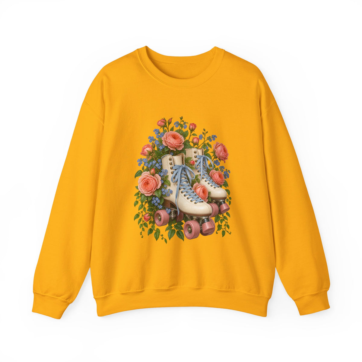 She Still Rolls crewneck sweatshirt, cream roller skates with blue laces and dusty pink wheels among coral roses, small blue flowers and trailing greenery, image 4 of 21