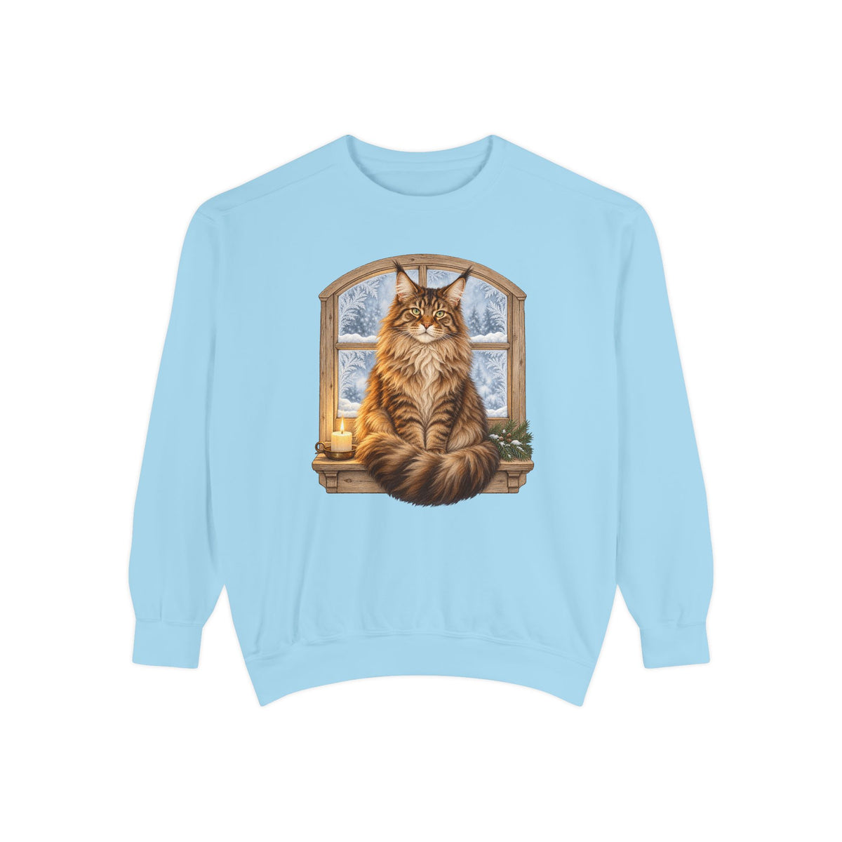 Maine Coon at the window sweatshirt in Chambray, front view