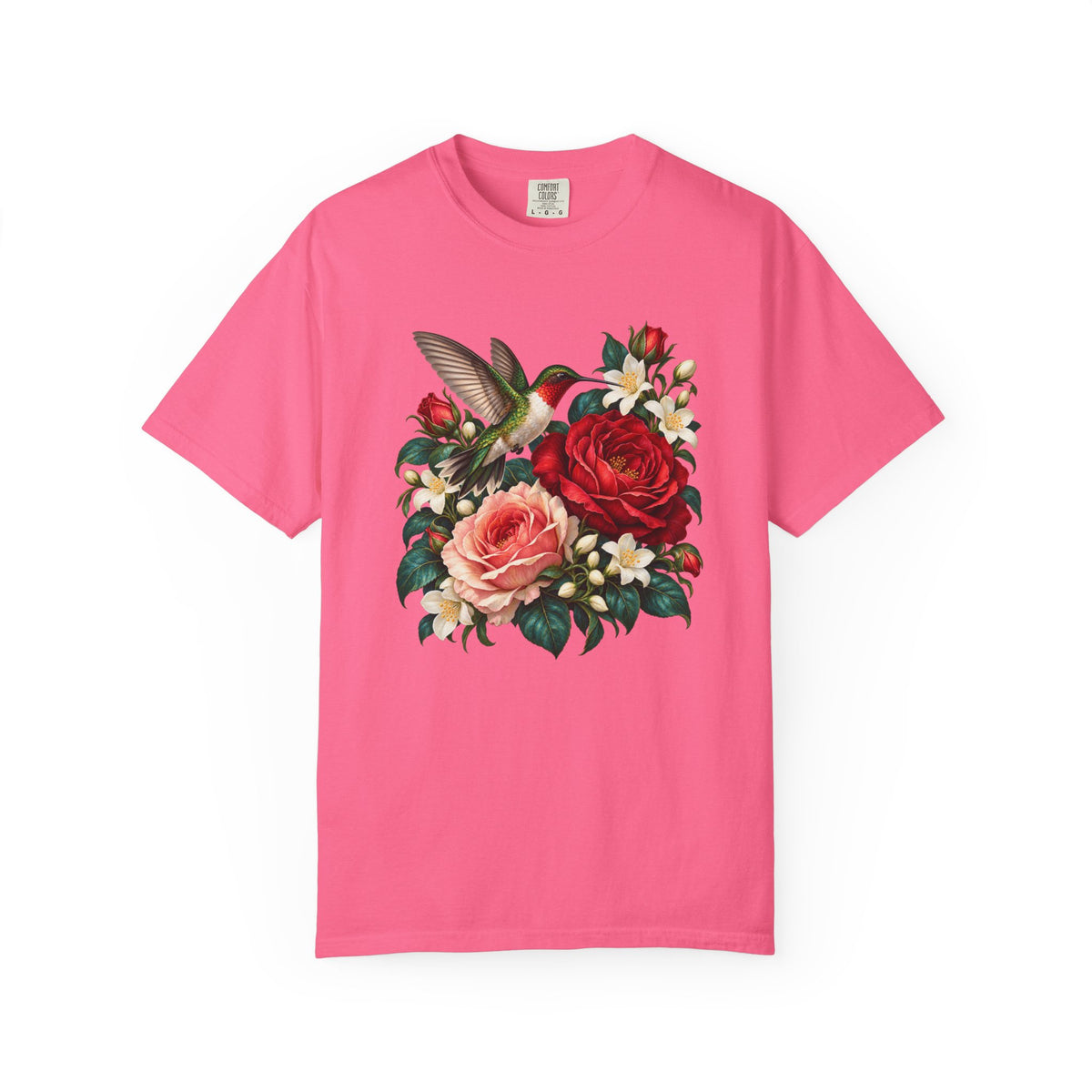 Ruby-throated hummingbird and roses design on a relaxed unisex garment-dyed tee, adult sizes S to 4XL