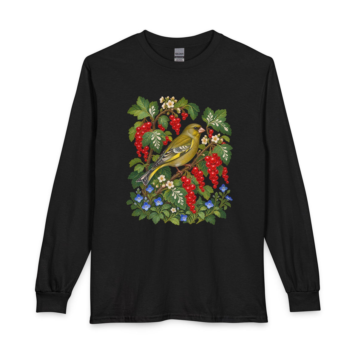 Red Currant & Songbird Long-Sleeve T-Shirt — a golden-green songbird among hanging red currants, patterned leaves and small blue flowers