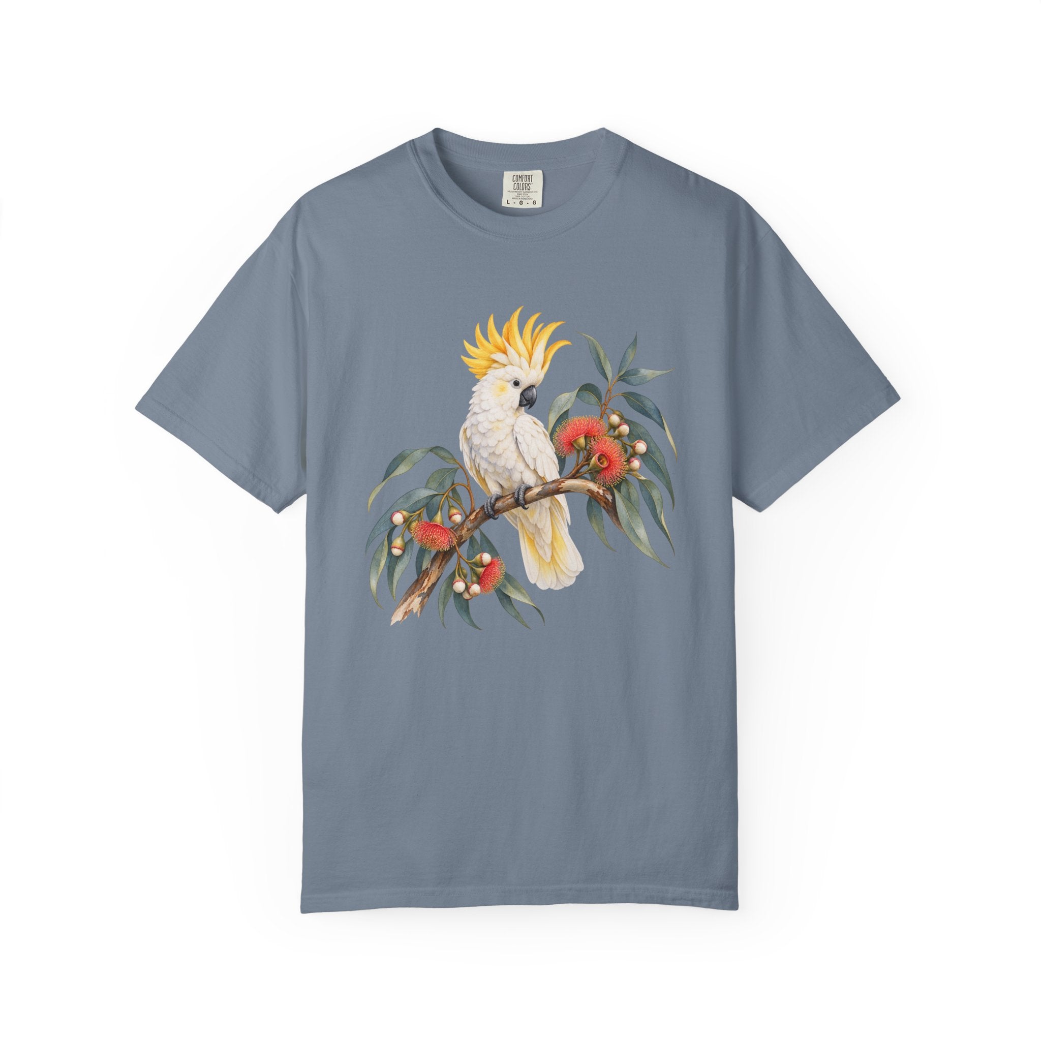 Cockatoo & Gum Blossom T-Shirt — relaxed unisex fit, front view