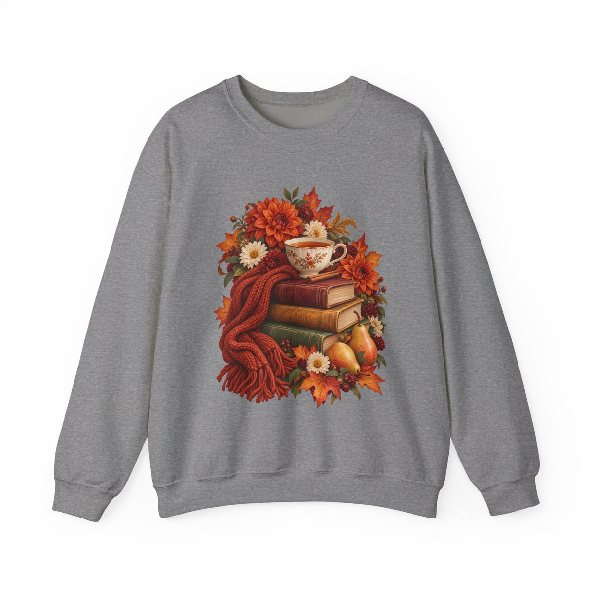 Just One More Chapter crewneck sweatshirt, a floral teacup resting on a stack of vintage books with pears, autumn flowers and a rust-colored scarf, image 6 of 14