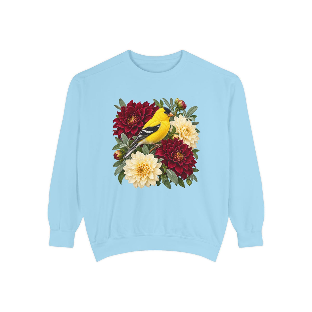 The goldfinch and dahlia illustration on a garment-dyed Comfort Colors 1566 crewneck sweatshirt