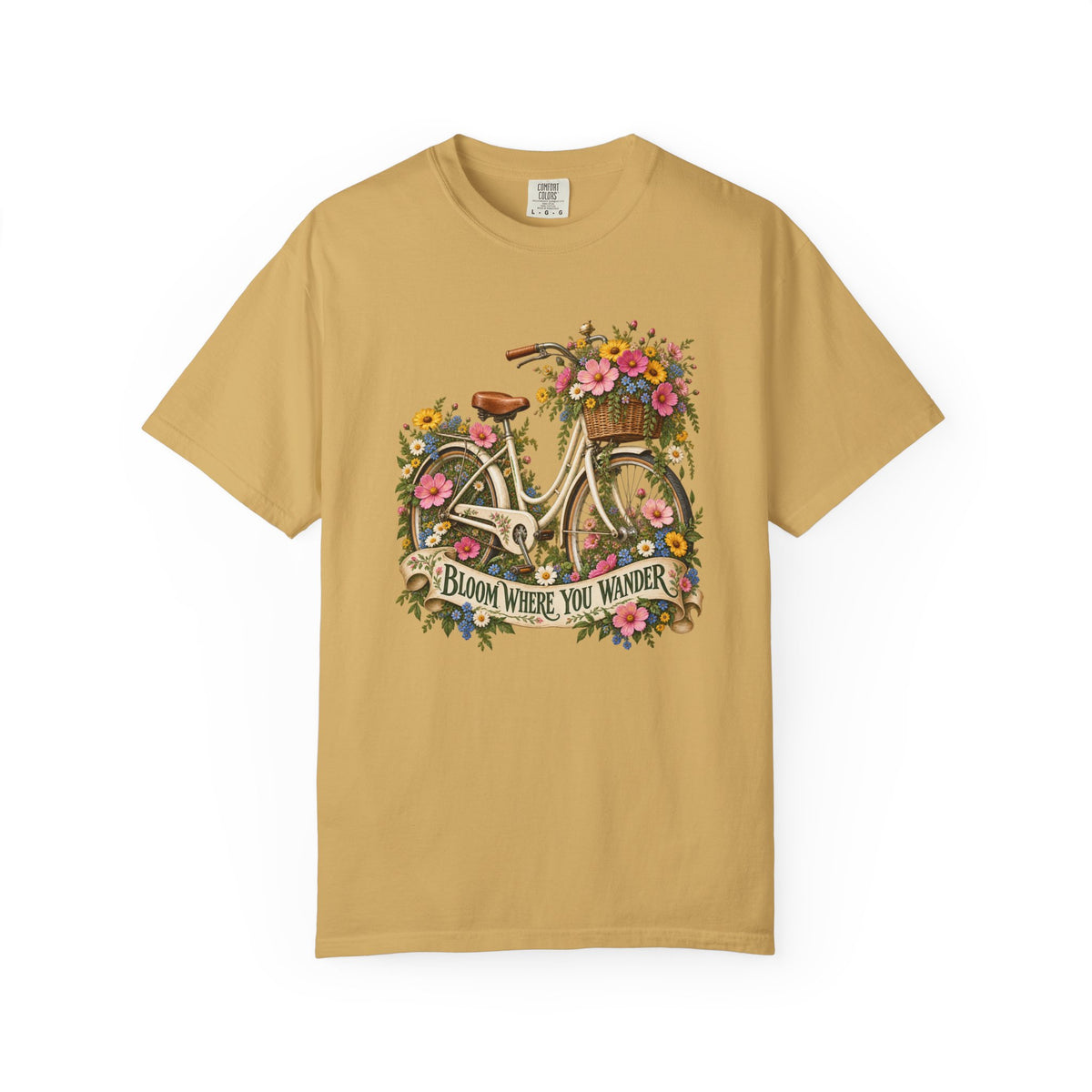 Bloom Where You Wander Floral Bicycle T-Shirt - flowers and greenery massed around and through the frame and both wheels of the bicycle