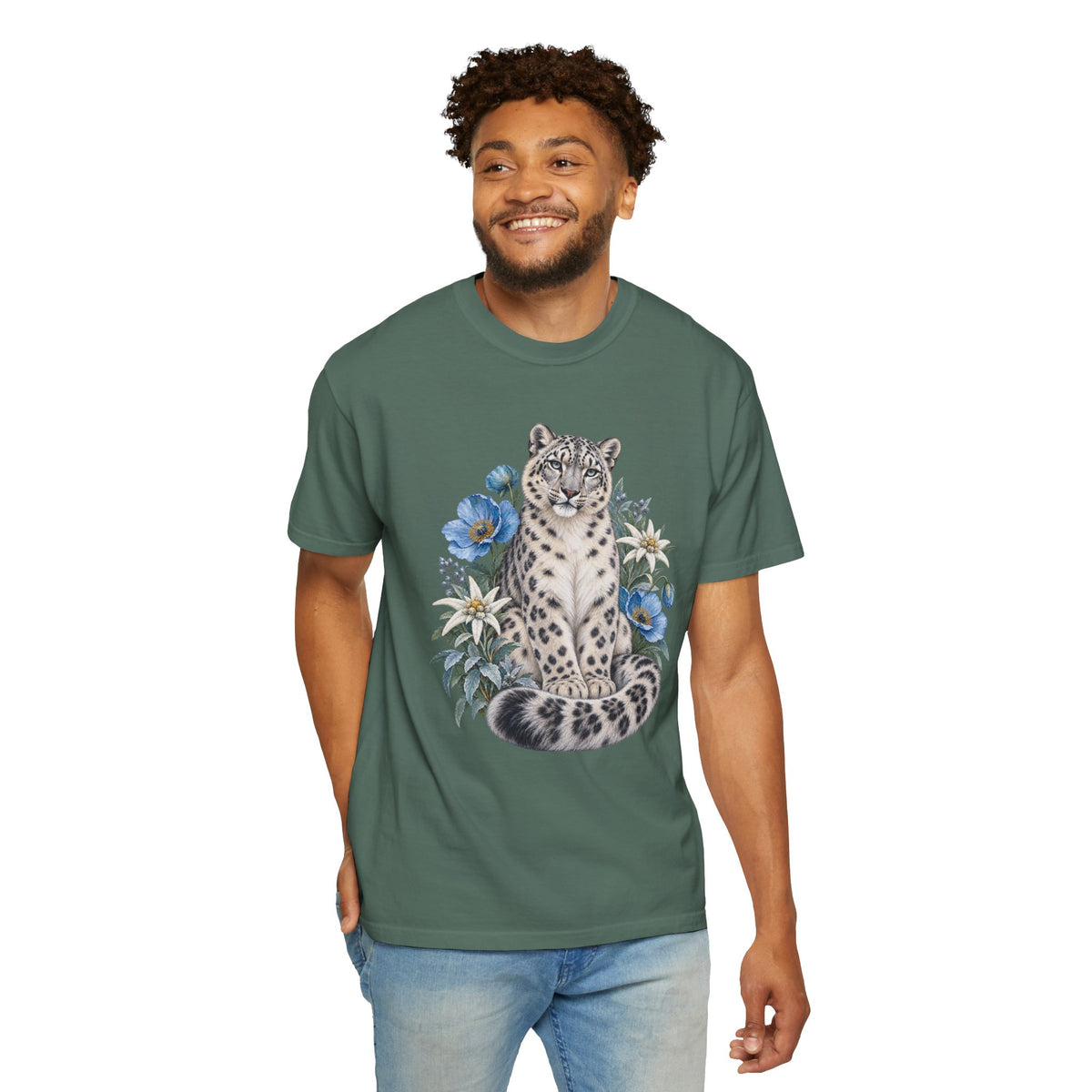 Snow Leopard & Blue Poppy T-Shirt — worn view of the front print