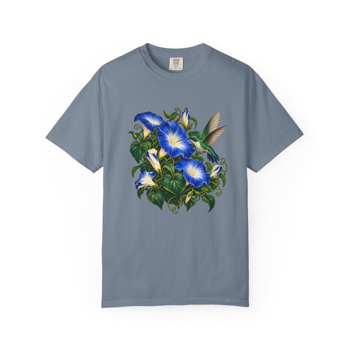 Four open morning glories in deep blue with cream-white throats and pale stamens, with furled buds still twisted shut among the foliage