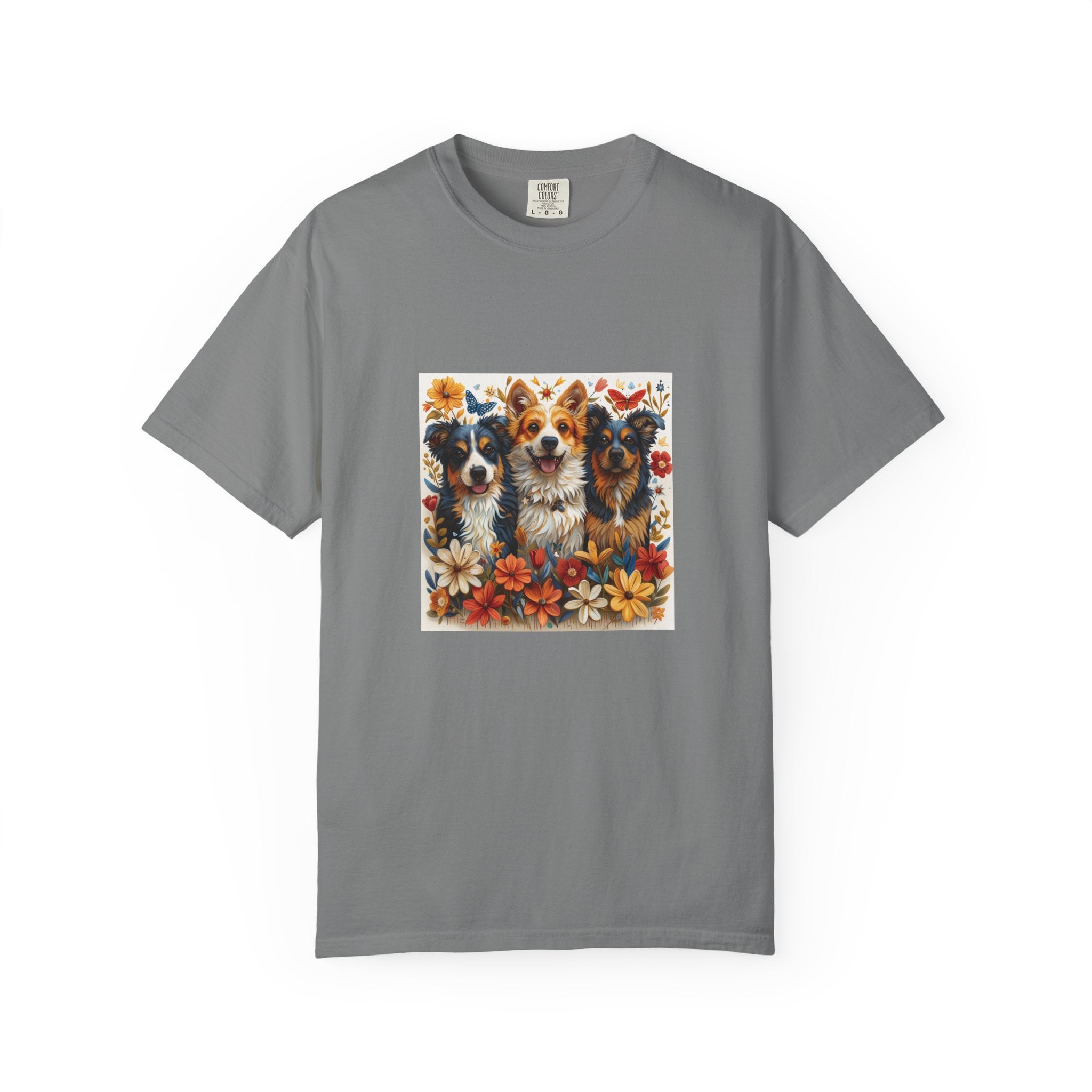 Dog Lover botanical dog art shirt on model