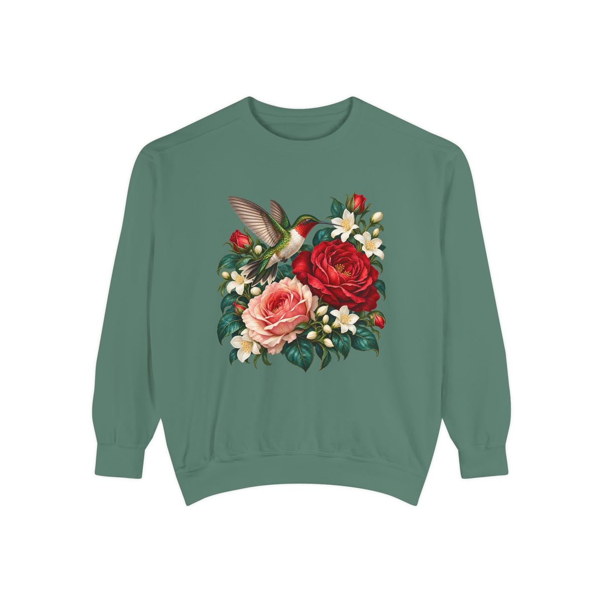 The ruby-throated hummingbird and roses print shown large and centered on the chest of the garment-dyed crewneck sweatshirt, not a back print