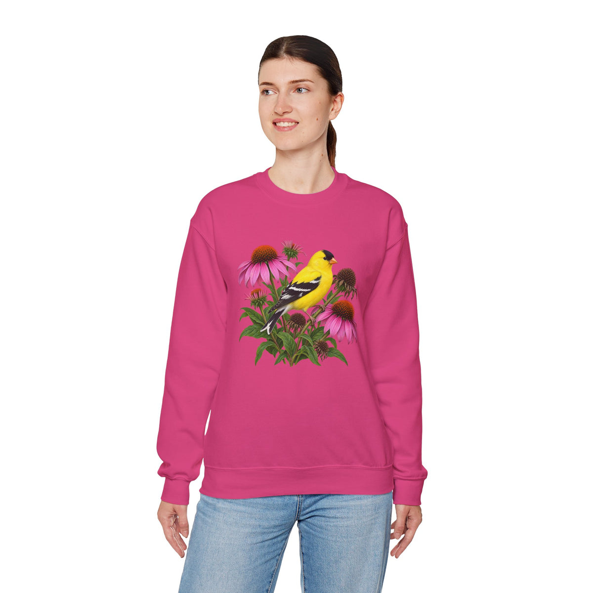 A Small Bright Thing crewneck sweatshirt, a golden-yellow American goldfinch among pink coneflowers, seed heads and green leaves, image 14 of 22